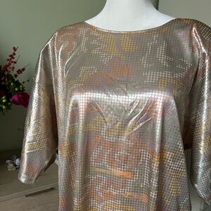 VINTAGE Iridescent Shiny Colorful Pastel Floral Oversized Short-Sleeve Blouse M